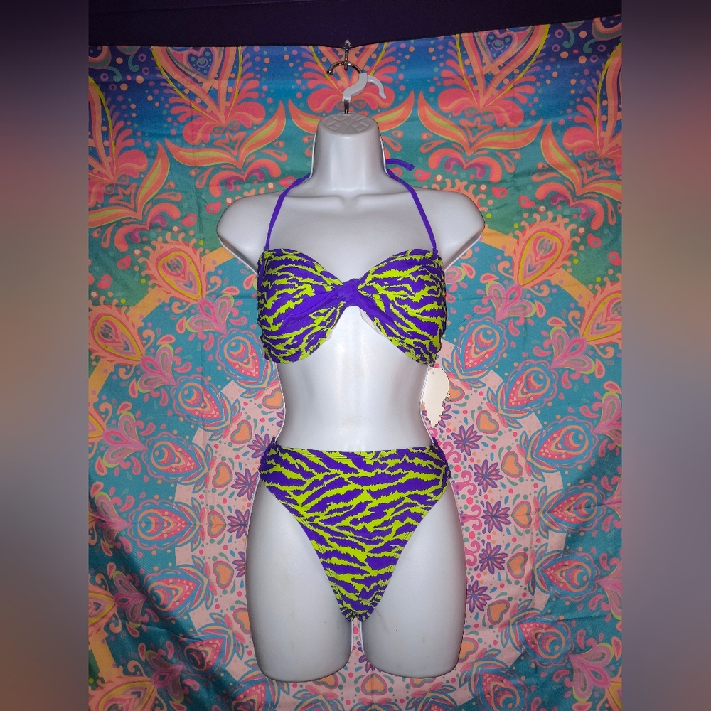 Neon Zebra High-Leg Bikini Set - Purple & Lime
